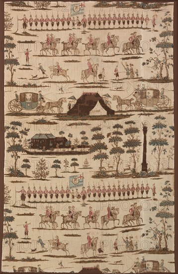 The Irish Volunteers (Furnishing Fabric), 1782, Probably designed by Gabriel Beranger (Irish, 1729–1817), Printed by Thomas Harpur (Irish, active c. 1782), Ireland, County Kildare, Leixlip, Kildare, Linen and cotton, plain weave, copperplate printed, painted, 126.3 x 79.4 cm (49 3/4 x 31 1/4 in.)