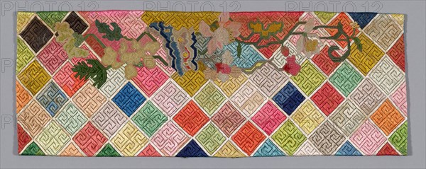 Panel (Furnishing Fabric), Qing dynasty (1644–1911), 1875/1900, Han-Chinese, China, Geometric and floral pattern embroidered on gauze., 16.2 × 43.2 cm (6 3/4 × 17 in.)