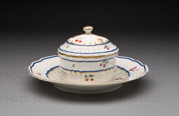 Covered Dish with Attached Stand, c. 1775, Frankenthal Porcelain Factory, German, founded 1755, Frankenthal, Hard-paste porcelain with polychrome enamels and gilding, H. 10.5 cm (4 1/8 in.), diam. 21 cm (8 1/4 in.), Karnak, 1860s, Félix Bonfils, French, 1831–1885, France, Albumen print, 22.2 × 27.7 cm (image/paper), 40.2 × 50.6 cm (mount)