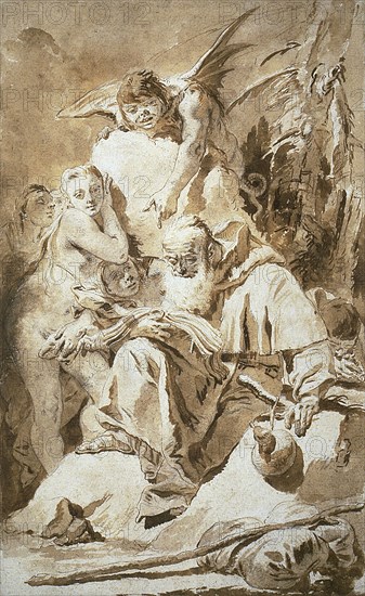 The Temptation of Saint Anthony, c. 1734, Giambattista Tiepolo, Italian, 1696-1770, Italy, Pen and brown ink and brush and brown wash, with black chalk and traces of charcoal, heightened with touches of white gouache, on ivory laid paper, 400 x 247 mm