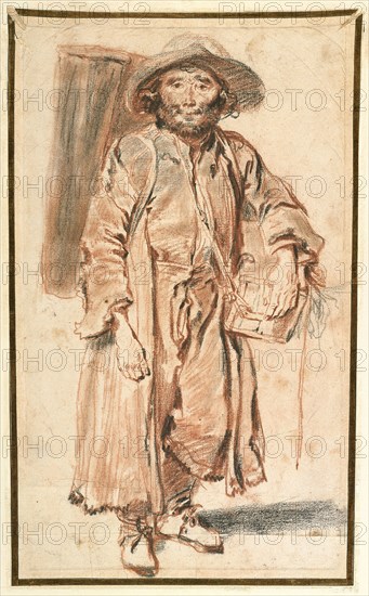 The Old Savoyard, c. 1715, Jean-Antoine Watteau, French, 1684-1721, France, Red and black chalk, with stumping, on buff laid paper, laid down on cream wove card, laid down on cream board, 359 × 221 mm
