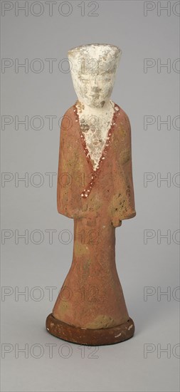 Female Attendant (Tomb Figurine), Western Han dynasty (206 B.C.–A.D. 9), c. 2nd century B.C., China, probably Shaanxi province, China, Gray earthenware with slip coating and polychrome pigments, 29.8 × 8.4 × 5.7 cm (11 3/4 × 3 5/16 × 2 1/4 in.)