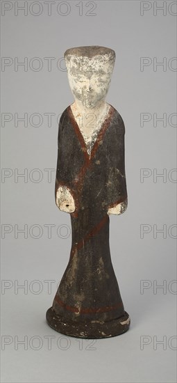 Female Attendant (Tomb Figurine), Western Han dynasty (206 B.C.–A.D. 9), c. 2nd century B.C., China, probably Shaanxi province, China, Gray earthenware with slip coating and polychrome pigments, 30.0 × 8.3 × 5.6 cm (11 13/16 × 3 1/4 × 2 3/16 in.)