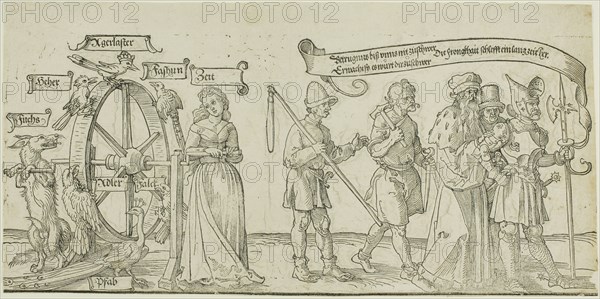 The Michelfeldt Tapestry (Allegory on Social Injustice), first part of three, 1526, Attributed to Albrecht Dürer, German, 1471-1528, Germany, Woodcut in black on cream laid paper, 153 x 311 mm (sheet)