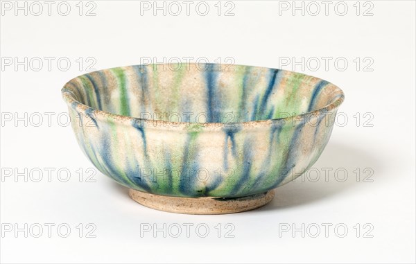 Bowl with Streak Pattern, Tang dynasty (618–906), first half of 8th century, China, Slip-coated earthenware with cobalt blue and lead green streaks, H. 3.6 cm (1 7/16 in.), diam. 9.4 cm (3 11/16 in.)