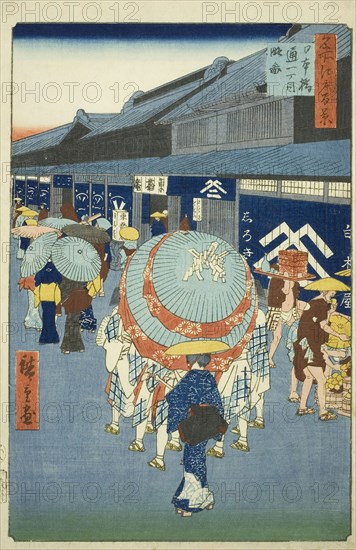 View of Nihonbashi Tori-itchome (Nihonbashi Tori-itchome ryakuzu), from the series One Hundred Famous Views of Edo (Meisho Edo hyakkei), 1858, Utagawa Hiroshige ?? ??, Japanese, 1797-1858, Japan, Color woodblock print, oban, 33.9 x 22.4 cm (13 5/16 x 8 13/16 in.)