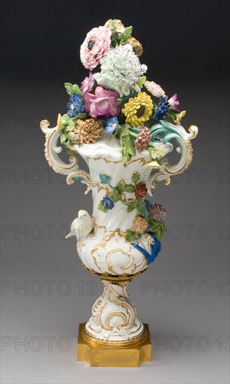 Vase, c. 1750, Meissen Porcelain Manufactory, German, founded 1710, Meissen, Hard-paste porcelain, polychrome enamels, gilding, and gilt bronze mounts, H. 50.8 cm (20 in.)