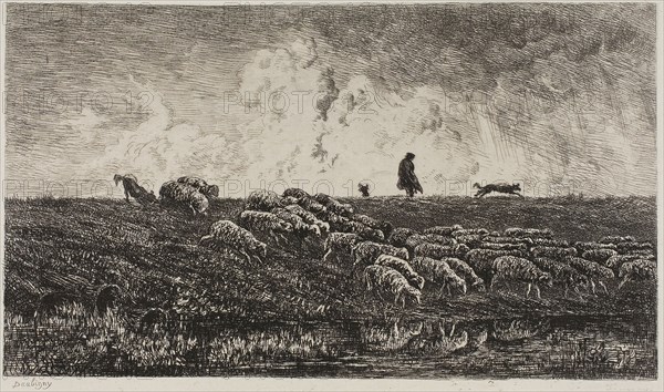 The Shower, c. 1851, Charles François Daubigny, French, 1817-1878, France, Etching on light gray chine laid down on white wove paper, 135 × 233 mm (image), 195 × 260 mm (plate), 296 × 424 mm (sheet)