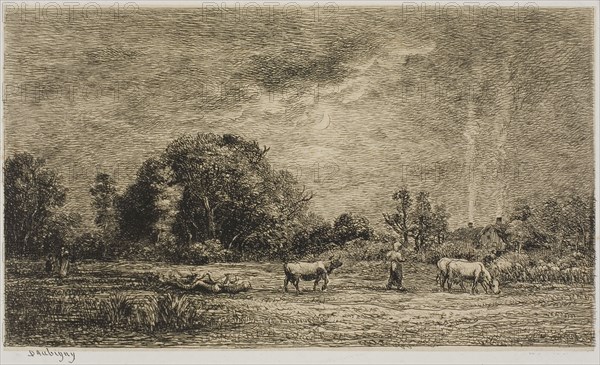 Moonrise, 1861, Charles François Daubigny, French, 1817-1878, France, Etching on cream chine laid down on white wove paper, 95 × 165 mm (image), 135 × 195 mm (plate), 196 × 280 mm (sheet)