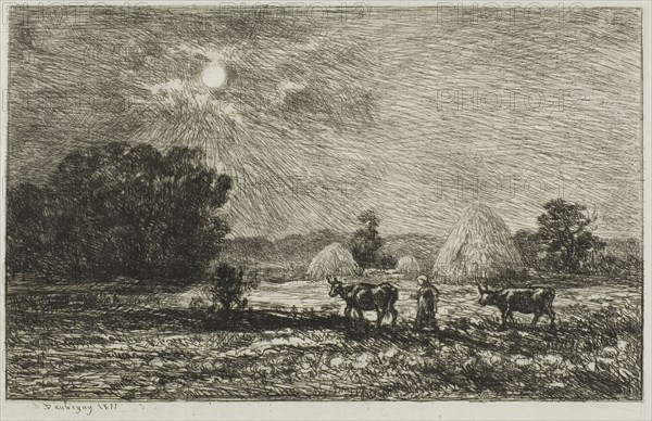 Moonlight at Valmondois, 1877, Charles François Daubigny, French, 1817-1878, France, Etching and drypoint on white laid paper, 217 × 134 mm (image), 135 × 217 mm (plate), 187 × 262 mm (sheet)