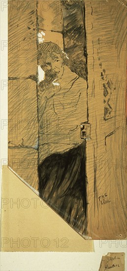 At the Door, 1885, Henri de Toulouse-Lautrec, French, 1864-1901, France, Blue crayon and brush and black and gray wash, with touches of orange crayon, heightened with touches of white oil paint, on tan wove card, 470 × 235 mm