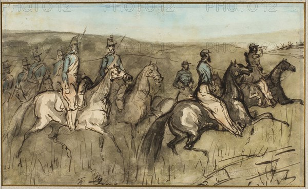 Cavalry Exercise in a Meadow, n.d., Constantin Guys, French, 1802-1892, France, Pen and brown ink with brush and watercolor, on ivory wove paper, 158 × 260 mm