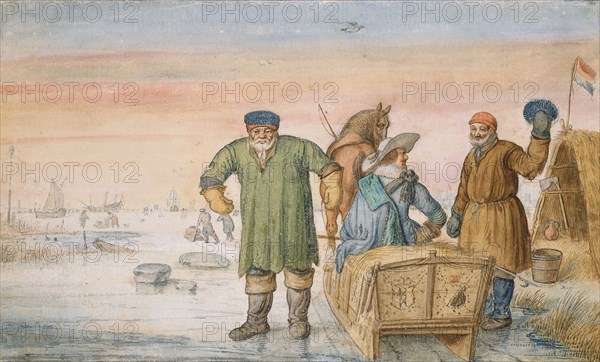 Two Old Men beside a Sled Bearing the Coats of Arms of Amsterdam and Utrecht, 1620/33, Hendric Avercamp, Netherlandish, 1585-c.1633, Netherlands, Opaque and translucent watercolors, with pen and brown ink, over graphite, on cream laid paper, 183 x 300 mm