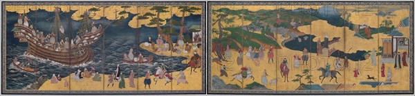 Southern Barbarians, mid 17th century, Japanese, Japan, Pair of six-panel screens, ink, colors, and gold on paper, Each: 170.4 x 370 cm