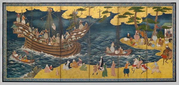 Southern Barbarians, mid 17th century, Japanese, Japan, Pair of six-panel screens, ink, colors, and gold on paper, Each: 170.4 cm x 370 cm