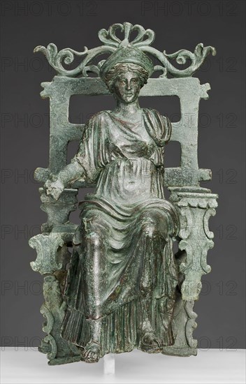 Statuette of an Enthroned Figure, 1st century AD, Roman, Roman Empire, Bronze and silver inlay, 15.5 × 8.1 × 9.5 cm (6 1/8 × 3 3/8 × 3 3/4 in.)