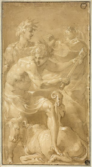Sacrifice of a Bull, n.d., Attributed to Francesco Primaticcio, Italian, 1504-1570, Italy, Pen and brown ink with brush and brown wash, heightened with lead white, over traces of black chalk, on cream laid paper, laid down on ivory laid paper, 251 x 137 mm (max.)