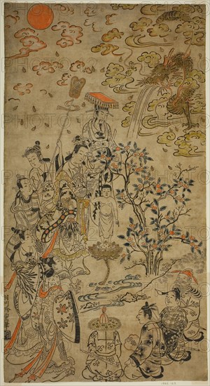 Birth of the Buddha, c. 1710, Hanegawa Chincho, Japanese, 1679 (?)-1754, Japan, Hand-colored woodblock print, vertical o-oban, tan-e, 50.8 x 27.1 cm
