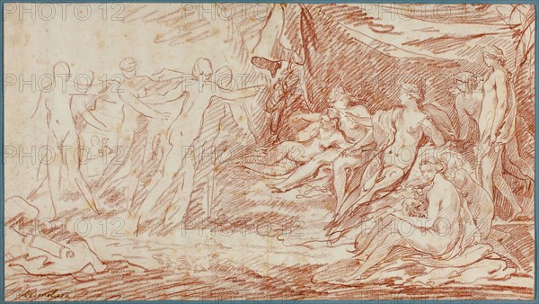 The Bath of Diana, c. 1738, Pierre Charles Trémolières, French, 1703-1739, France, Red chalk on ivory laid paper, laid down on cream laid paper, 230 × 411 mm