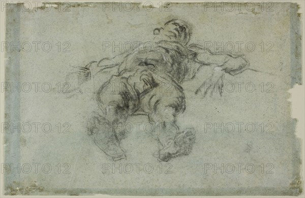 Reclining Male Nude, Foreshortened, 1562, Jacopo Robusti, called Tintoretto, Italian, 1519-1594, Italy, Charcoal, heightened with white chalk, on blue laid paper (faded to bluish gray), 181 x 276 mm (max.)
