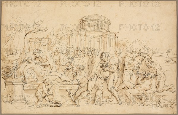 Bacchus and Ariadne, with Silenus, Nymphs and Satyrs, n.d., Raymond de Lafage, French, 1656-1690, France, Pen and brown ink, with brush and brown wash, over black chalk, on buff laid paper, laid down on cream laid paper, 286 × 443 mm