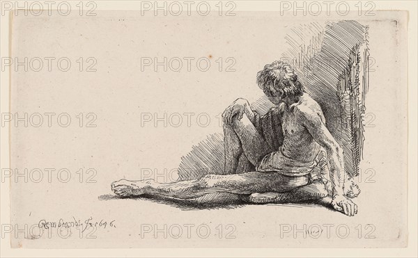Nude Man Seated on the Ground with One Leg Extended, 1646, Rembrandt van Rijn, Dutch, 1606-1669, Holland, Etching on ivory laid paper, 97 x 168 mm (image/plate), 105 x 174 mm (sheet)