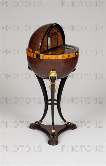 Globe-Shaped Work Table, c. 1820, Vienna, Austria, Vienna, Fruitwood and fruitwood veneers interior with ebonizing and gilding, H. 100.3 cm (39 1/2 in.)