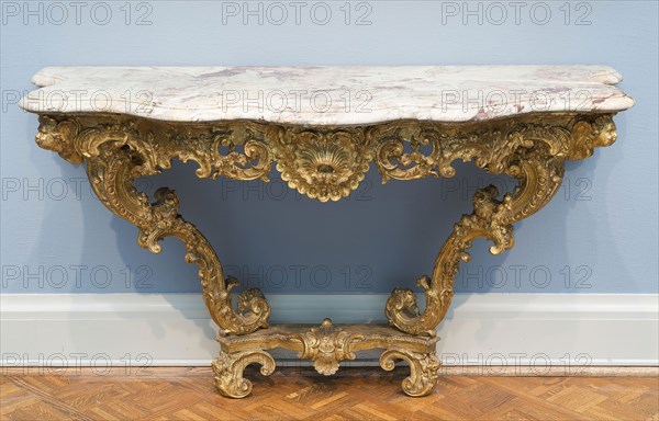 Console Table, c. 1735, Attributed to François Roumier, French, 1701-1748, Paris, France, Wood, oak, gesso, and gilding, 90.2 × 157.5 × 72.4 cm (35 1/2 × 62 × 28 1/2 in.)