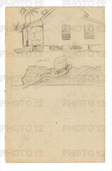 Sketches of Tahitian Residence with Color Notations and Dogs, 1891/93, Paul Gauguin, French, 1848-1903, France, Black fabricated chalk, with black fabricated chalk offset, on cream wove paper (removed from a sketchbook), 313 × 201 mm
