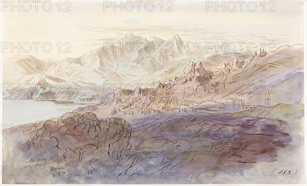 La Piana, 1868, Edward Lear, English, 1812-1888, England, Watercolor and pen and brush and brown ink, over graphite, on ivory wove paper, 324 × 537 mm