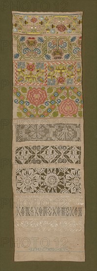 Sampler, 1676, Katherine Veren (English, active c. 1676), England, Linen, plain weave, bands of cut and drawn thread work in interlocking lace and Romanian stitches, bands of linen, needle lace of a type known as "Reticello