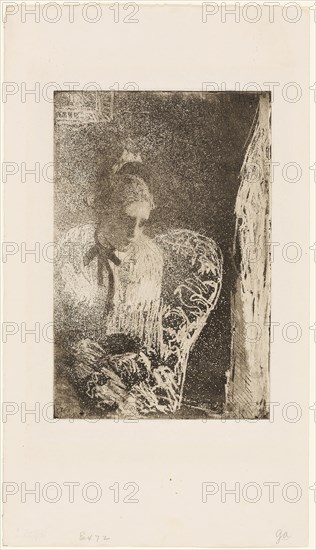 Waiting, 1879–80, Mary Cassatt, American, 1844-1926, United States, Soft ground etching and aquatint on buff wove paper, 220 x 141 mm (image/plate), 361 x 206 mm (sheet)