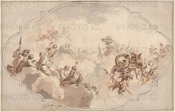 Design for a Ceiling: Apotheosis of Callisto or Diana? (recto), and Sketch of Figures (verso), 1731, Jacob de Wit, Dutch, 1695-1754, Holland, Pen and black ink, with brush and gray and brown wash, over red chalk, partially squared in graphite and red chalk (recto), and red chalk (verso), on ivory laid paper, 203 x 319 mm