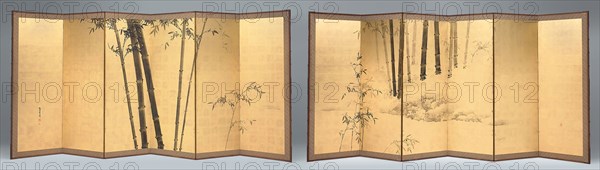 Bamboo, early 19th century, Kishi Ganku, Japanese, 1749-1838, Japan, Pair of six-panel screens, ink and gold leaf on paper, Each 178 x 376 cm (70 x 148 in.)