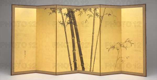 Bamboo, early 19th century, Kishi Ganku, Japanese, 1749-1838, Japan, Pair of six-panel screens, ink and gold leaf on paper, 178 x 376 cm (70 x 148 in.)