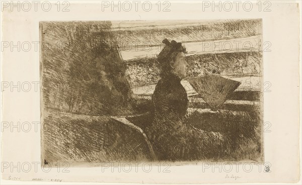 Lady in Black, in a Loge, Facing Right, c. 1881, Mary Cassatt, American, 1844-1926, United States, Soft ground etching and aquatint on cream laid paper, 194 x 306 mm (image/plate), 248 x 402 mm (sheet)