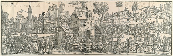 The Large Village Fair, 1535, Sebald Beham, German, 1500-1550, Germany, Woodcut from four blocks on ivory laid paper, 367 x 1149 mm (image/sheet), cut within block mark