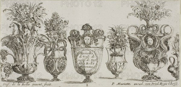 Plate One from Collection of Various Vases, before 1648, Stefano della Bella, Italian, 1610-1664, Italy, Etching on ivory laid paper, 90 x 186 mm (image/sheet, cut within platemark)