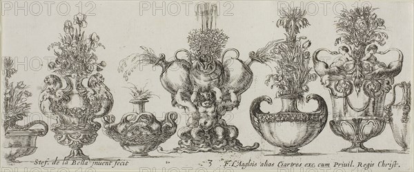 Plate Three from Collection of Various Vases, before 1648, Stefano della Bella, Italian, 1610-1664, Italy, Etching on ivory laid paper, 84 x 204 mm (image/sheet, cut within platemark)