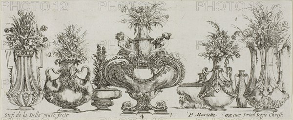 Plate Four from Collection of Various Vases, before 1648, Stefano della Bella, Italian, 1610-1664, Italy, Etching on ivory laid paper, 83 x 204 mm (image/sheet, cut within platemark)