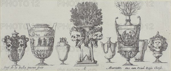 Plate Six from Collection of Various Vases, before 1648, Stefano della Bella, Italian, 1610-1664, Italy, Etching on ivory laid paper, 83 x 203 mm (image/sheet, cut within platemark)