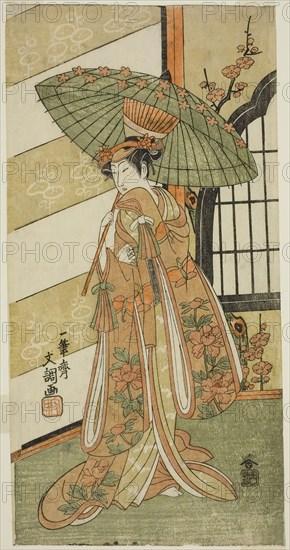 The Actor Onoe Tamizo I as Nishikigi in the Play Mutsu no Hana Ume no Kaomise, Performed at the Ichimura Theater in the Eleventh Month, 1769, c. 1769, Ippitsusai Buncho, Japanese, active c. 1755-90, Japan, Color woodblock print, hosoban, 30.1 x 16.1 cm (11 7/8 x 6 5/16 in.)