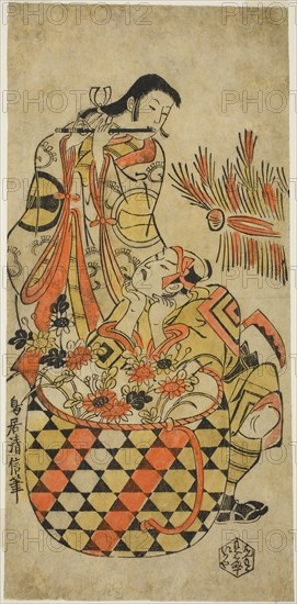 The Actors Ichikawa Danjuro II and Ichikawa Monnosuke I, c. 1720, Torii Kiyonobu I, Japanese, 1664-1729, Japan, Hand-colored woodblock print, hosoban, tan-e, 31.6 x 15.0 cm