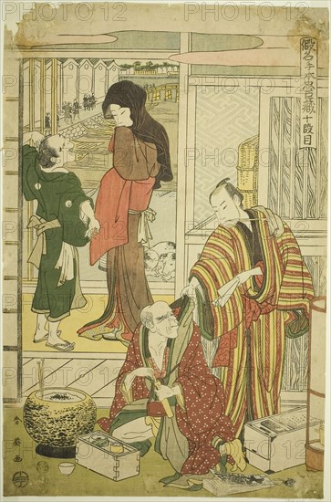Act Ten: Amakawaya House from the play Kanadehon Chushingura, 1807, Katsukawa Shun’ei, Japanese, 1762-1819, Japan, Color woodblock print, oban, 38.3 x 25.5 cm (15 1/8 x 10 1/16 in.)