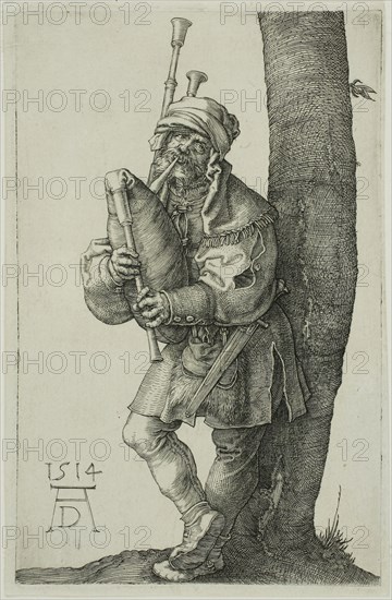 The Bag-Piper, 1514, Albrecht Dürer, German, 1471-1528, Germany, Engraving in black on ivory laid paper, 116 x 74 mm (image), 119 x 78 mm (sheet)