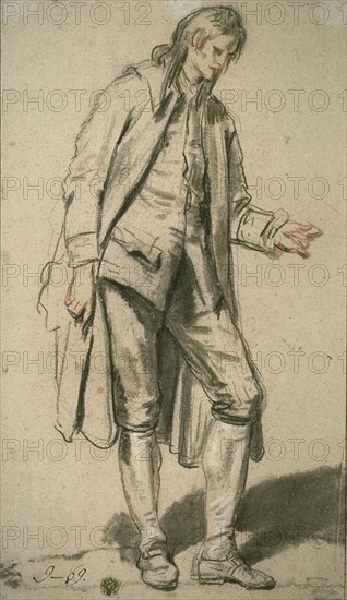 Study of a Groom, c. 1760, Jean-Baptiste Greuze, French, 1725-1805, France, Black chalk, with stumping and black crayon, red and brown chalk, heightened with white chalk, on buff laid paper, laid down on cream laid paper, 507 × 294 mm