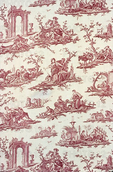 Le Mouton Chéri (Furnishing Fabric), c. 1785, Engraved by Louis marin Bonnet (French, 1736-1793) after Francois Boucher (French, 1703-1770) and other artists, Manufactured by Petitpierre Freres & Cie. (French, 1760-1791), France, Nantes, Nantes, Cotton, plain weave, copperplate printed, 180.3 x 154.9 cm (71 x 61 in.)