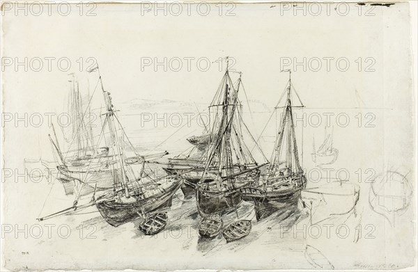 Fishing Boats at Granville, c. 1851–52, Théodore Rousseau, French, 1812-1867, France, Black crayon and graphite, with stumping, and touches of scraping, over traces of red chalk, on off-white laid paper, 314 × 480 mm