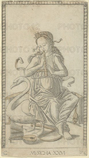 Music, plate 26 from Arts and Sciences, c. 1465, Master of the E-Series Tarocchi, Italian, active c. 1465, Italy, Engraving, with brush and light yellow metallic wash, on ivory laid paper, 179 x 100 mm