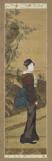 Beauty at the Mimeguri Shrine, Edo period, Bunka era c. 1804/18, Utagawa Toyohiro, Japanese, 1773-1828, Japan, Hanging scroll, ink, colors and gold pigment on silk, 91.5 x 26.3 cm